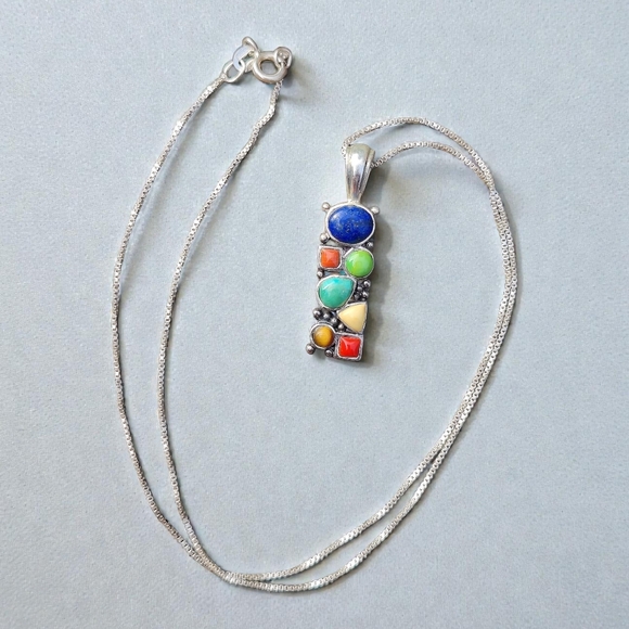 Vintage Sterling Multi Gemstone Pendant Necklace - Picture 2 of 8